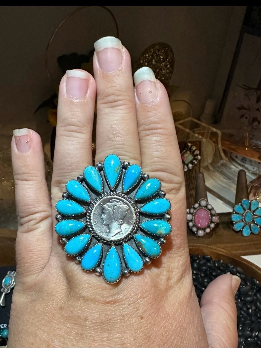 Navajo Annie Spencer 1928 Mercury Dime and Turquoise Adjustable Band Ring 🩵